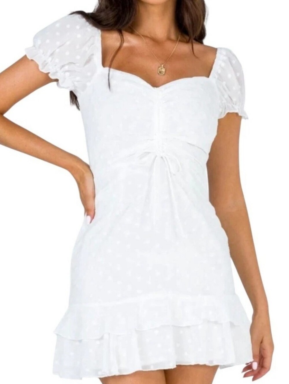 Princess Polly• White Puff Sleeve Ruffled Embroidered Floral Mini Dress. Sz 4